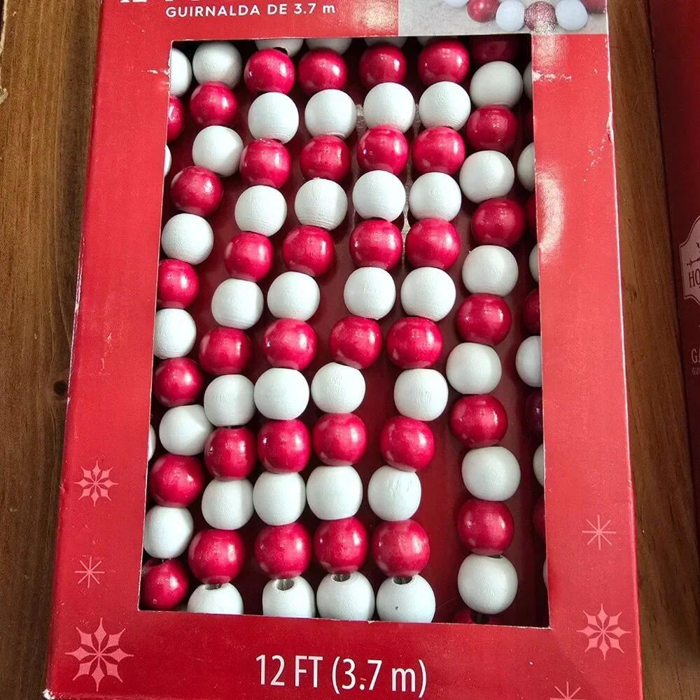 2 Packs NIB Holiday Time Natural Wood Bead Garland 12FT ea. Red & White NEW